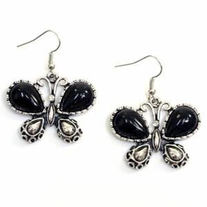 Silver-Tone Butterfly Earrings with Onyx Stone